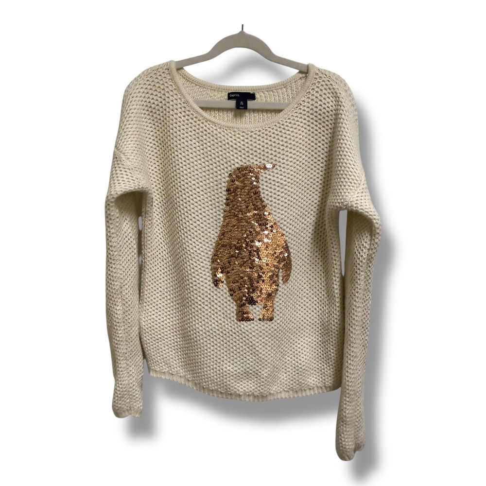 GapKids Girls XL 12 Cream Chunky Knit Sequin Penguin‎ Pullover Sweater Copper